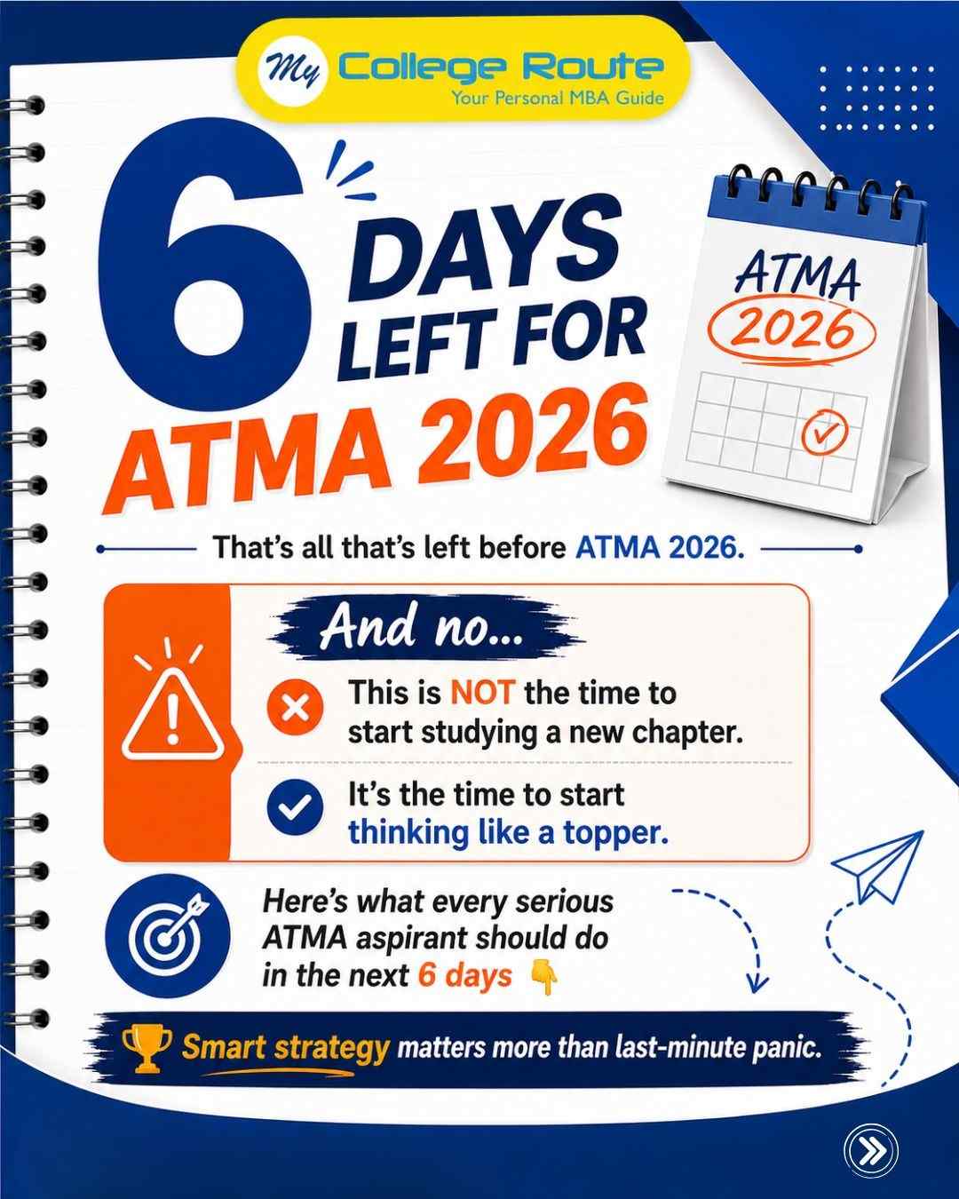 ATMA 2026 last 6 days preparation plan covering revision, scoring sections, mock-test analysis, time management and exam-day confidence tips