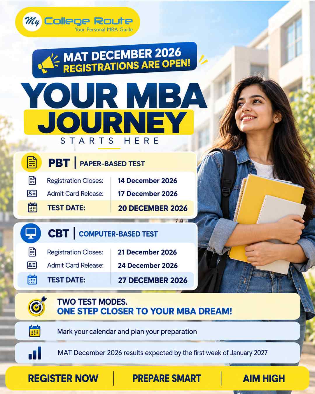 MAT December 2026 registrations open with PBT test date 20 December, CBT test date 27 December, admit card schedule and MBA admission reminder