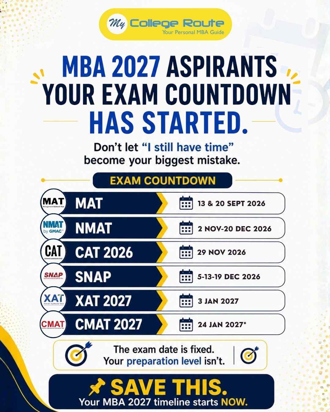 MBA 2027 exam countdown showing MAT, NMAT, CAT 2026, SNAP, XAT 2027 and CMAT 2027 dates with preparation reminder for aspirants